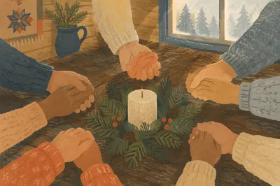 Prayer Circle Hands with Evergreen Candle