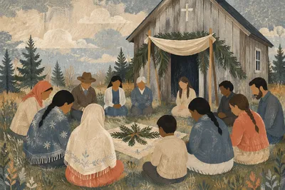 Evergreen Prayer Circle in Rural Churchyard