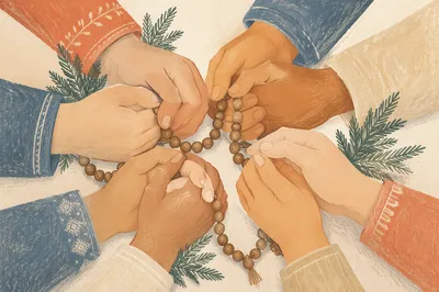 Prayer Circle Hands With Evergreen Sprigs