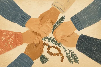 Prayer Group Hands with Evergreen Sprigs