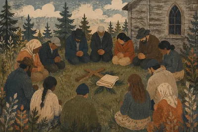 Evergreen Grove Prayer Circle with Joined Hands