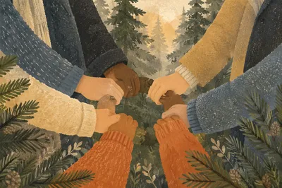 Prayer Group Hands in Evergreen Morning Mist