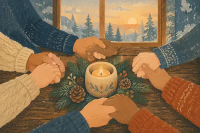 Evergreen Prayer Circle Around Candlelit Table