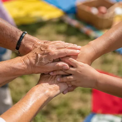 Intergenerational Prayer Hands in Sunlit Grass