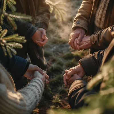 Prayer Group Hands Beneath Evergreen Trees