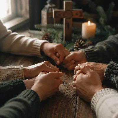 Prayer Group Hands Around Rustic Cross