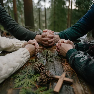 Prayer Hands Circle in Evergreen Forest