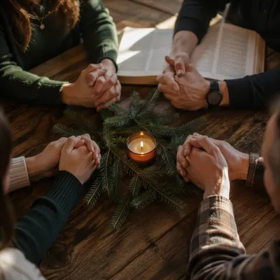 Prayer Group Hands Around Candle and Evergreen
