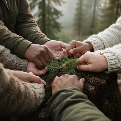 Prayer Group Hands in Evergreen Forest