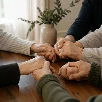 Prayer Group Hands Joined at Wooden Table