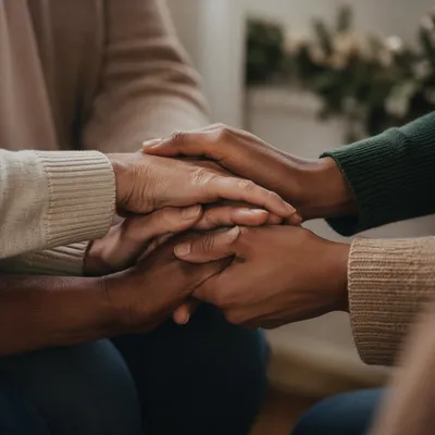 United Prayer Group Hands in Evergreen Light