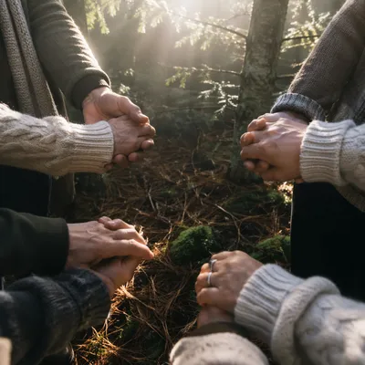Prayer Group Hands Joined in Evergreen Grove