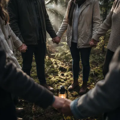 Prayer Group Hands Around Forest Lantern