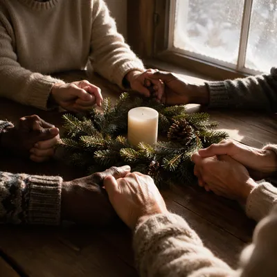 Prayer Group Hands Around Evergreen Wreath