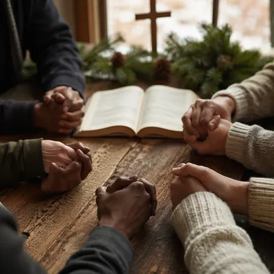 Prayer Group Hands Around Wooden Table