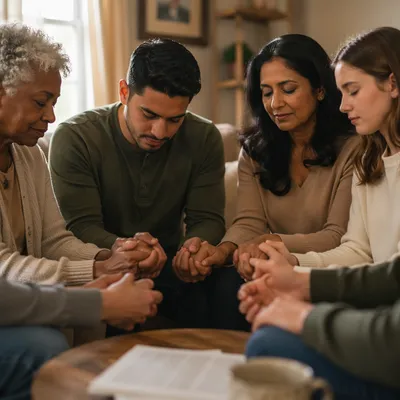 Multigenerational Prayer Circle in Cozy Living Room