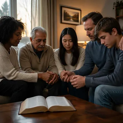 Multigenerational Prayer Circle in Dawn Light