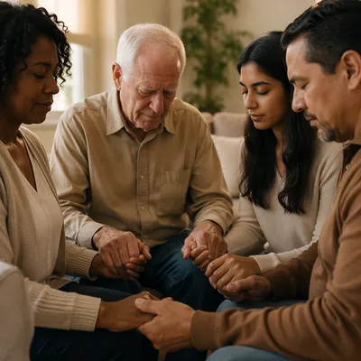 Intergenerational Prayer Circle in Sunlit Living Room