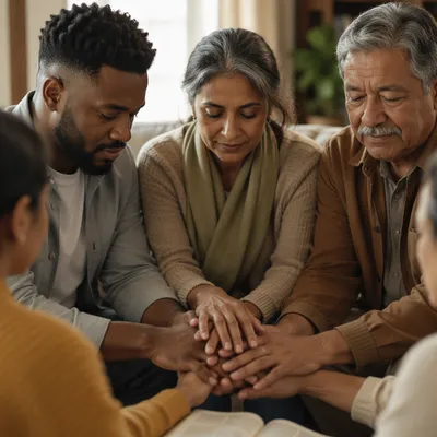 Multigenerational Prayer Circle in Bright Living Room