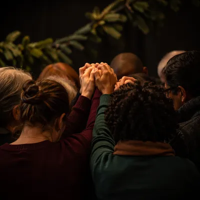 Diverse Prayer Group Hands Joined in Sanctuary