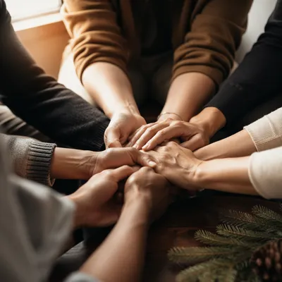 Evergreen Prayer Circle Hands in Warm Light