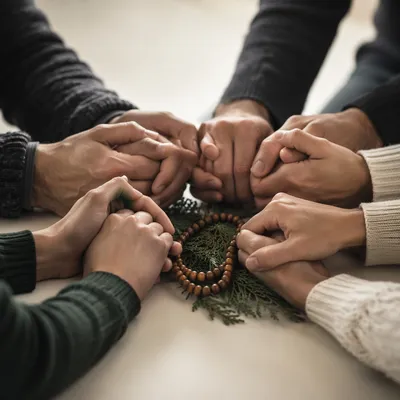 Prayer Group Hands with Evergreen Sprigs