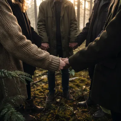 Prayer Group Holding Hands in Evergreen Grove