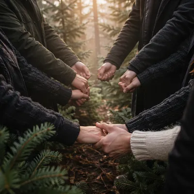 Prayer Group Hands in Evergreen Morning Mist