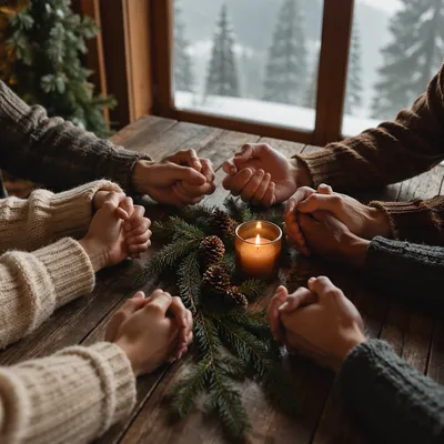 Evergreen Prayer Circle Around Candlelit Table