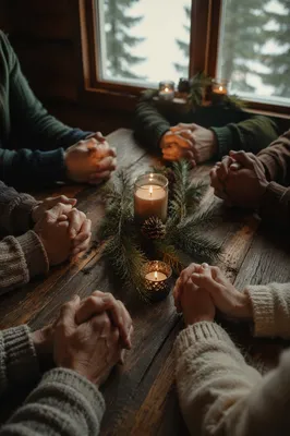 Prayer Group Hands Around Evergreen Candles