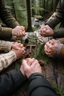 Prayer Circle Hands in Evergreen Forest