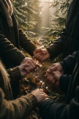 Prayer Group Hands in Evergreen Morning Mist