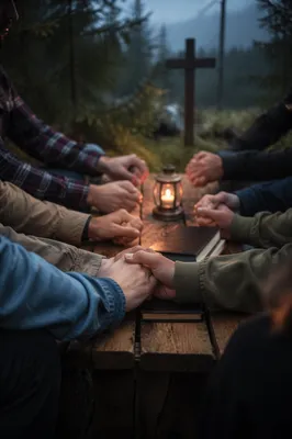 Prayer Group Hands in Evergreen Dawn