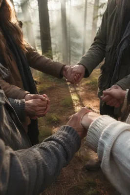 Prayer Circle Hands in Evergreen Forest