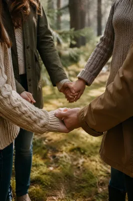 Prayer Group Hands in Evergreen Forest