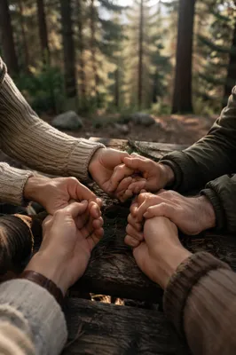 Prayer Group Hands Joined Beneath Evergreens