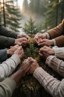 Prayer Group Hands in Evergreen Forest