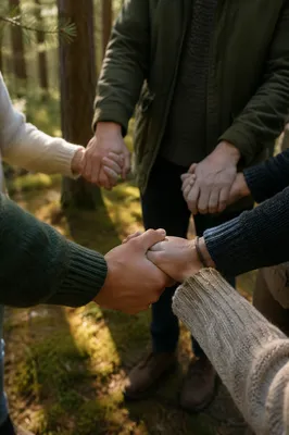 Prayer Group Hands in Evergreen Forest