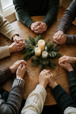 Prayer Group Hands Around Evergreen Table