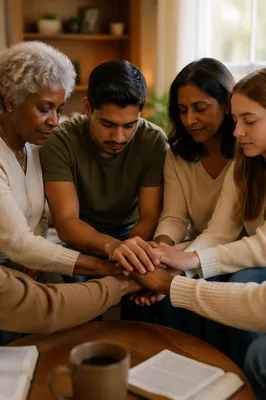 Multigenerational Prayer Circle in Cozy Living Room