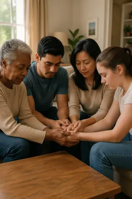 Diverse Prayer Group Holding Hands at Home