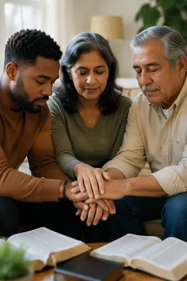 Multigenerational Prayer Circle in Bright Living Room