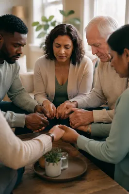Intergenerational Prayer Circle in Bright Living Room