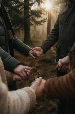 Prayer Circle Hands in Evergreen Forest