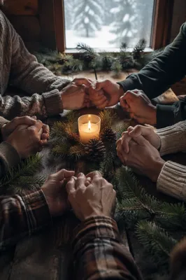 Prayer Group Hands Around Evergreen Candle