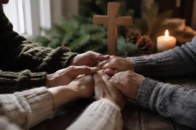 Prayer Group Hands Around Evergreen Table