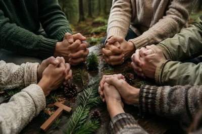 Prayer Circle Hands in Evergreen Forest