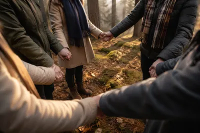 Prayer Group Hands in Evergreen Forest