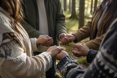 Prayer Group Hands in Evergreen Forest