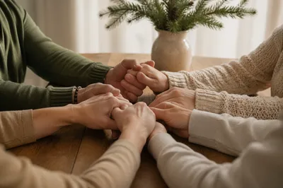 Prayer Group Hands Joined at Table